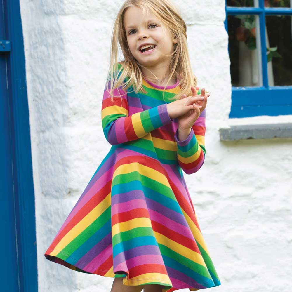 Frugi Organic Cotton Sofia Skater Dress Foxglove Rainbow Stripe My Little Green Wardrobe